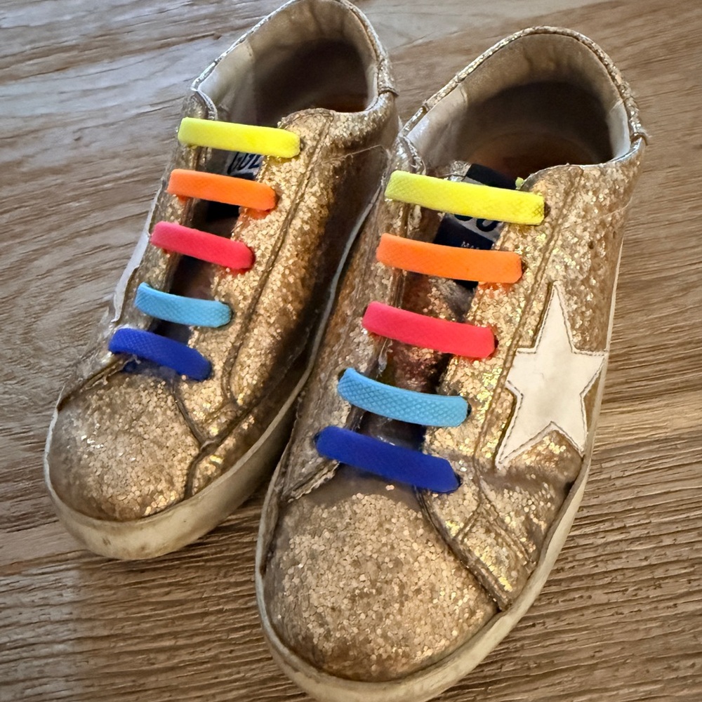 Golden Goose Gold Glitter Sneakers with Colorful Laces
